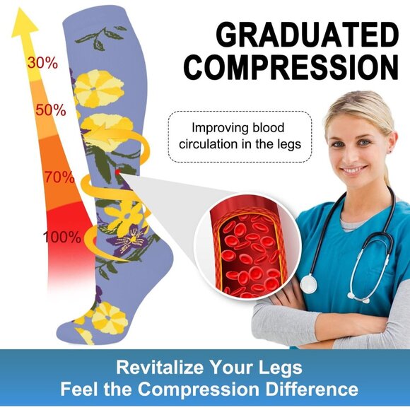 Women's Multi-Color 6 Pairs Compression Socks 15-20mmhg Compression Stockings - Picture 3 of 6